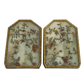 Pair of Antique Chinese Jade & Semi-Precious Stone Lit Panels