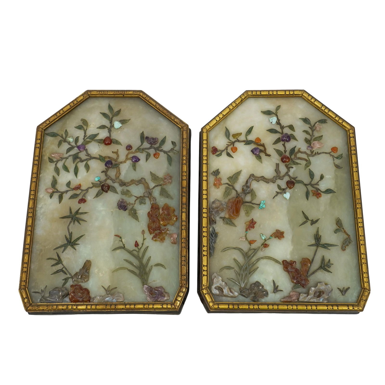 Pair of Antique Chinese Jade & Semi-Precious Stone Lit Panels (1 of 6)