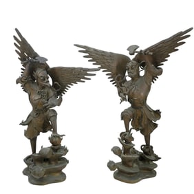 Pair Of Antique Japanese Bronze Tengu Warriors