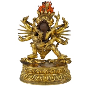 19th Century Large, Exceptional Tibetan Vajrabhairava Gilt Bronze Statue