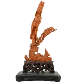 Antique Chinese Buddhist Carved Coral Guan Yin Figurine
