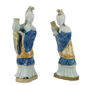 Pair Of 18th Century Qing Dynasty Bisque And Glazed Porcelain Courtiers