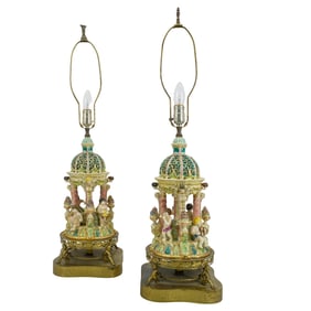 Pair Of Italian Putti Porcelain Table Lamps