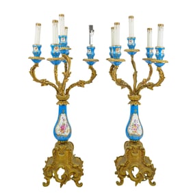 (2 Pc) French Gilt Bronze & Porcelain Candelabras