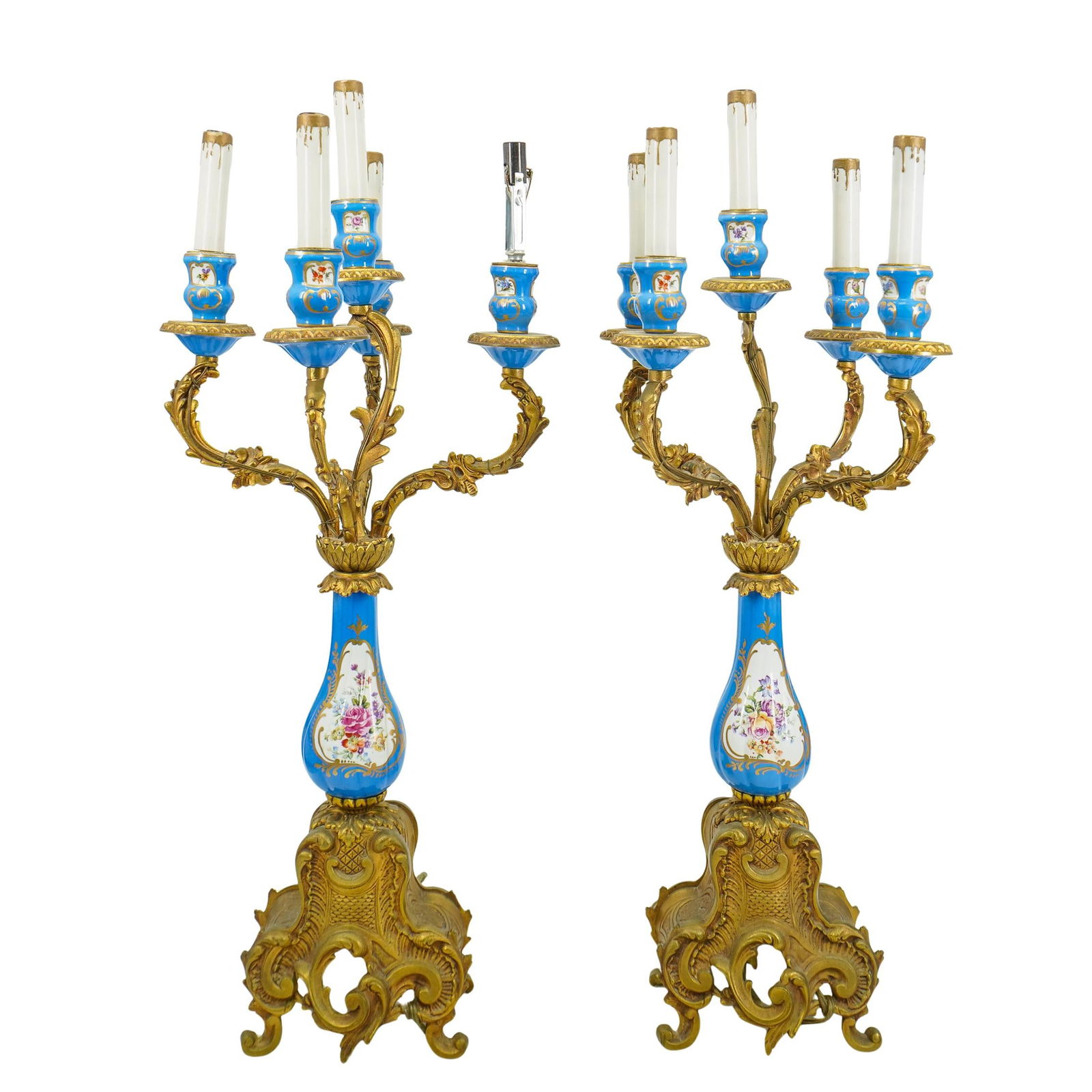 (2 Pc) French Gilt Bronze & Porcelain Candelabras (1 of 8)