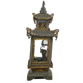 Antique Chinese Mixed Metal Pagoda Lantern W/ Chiwen Figurine