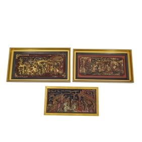 (3Pc) Antique Chinese Gilt Lacquered Panel Interior Scenes