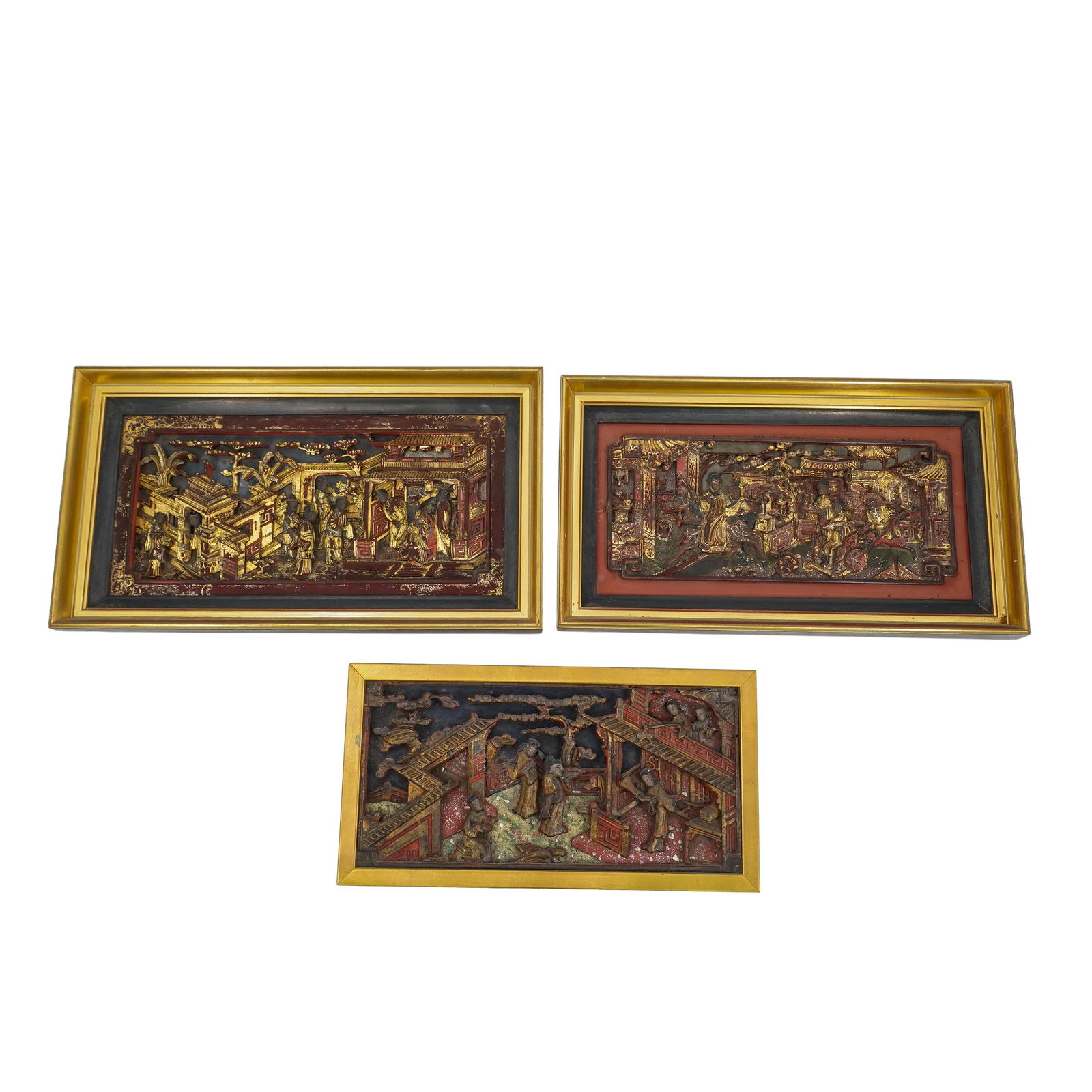 (3Pc) Antique Chinese Gilt Lacquered Panel Interior Scenes (1 of 7)