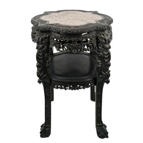 Antique Chinese Marble Inset Carved Wood Pedestal