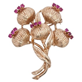 14k Gold and Ruby Poppy Brooch