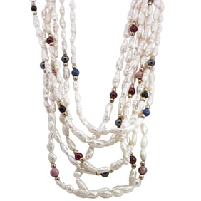 Vintage 14K Gold, Freshwater Pearl, And Gemstone Multi Strand Necklace