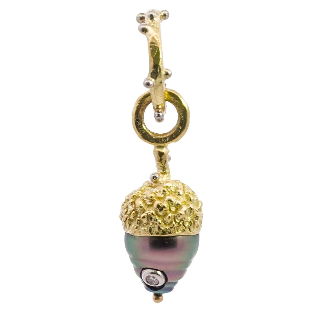 22k & Tahitian Black Pearl Acorn Pendant: DESCRIPTION: Acorn pendant, featuring 22k gold textured acorn cap that connects to a Tahitian pearl body with a single round cut diamond (approx. .05 carats) bezel set in the center. Total weight: 8.3