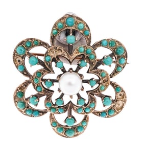 18k Gold, Turquoise, & Pearl Flower Pin/Pendant