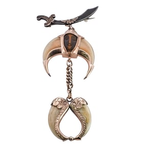 10K Gold, Silver, And Carved Tiger's Eye Shriner Brooch