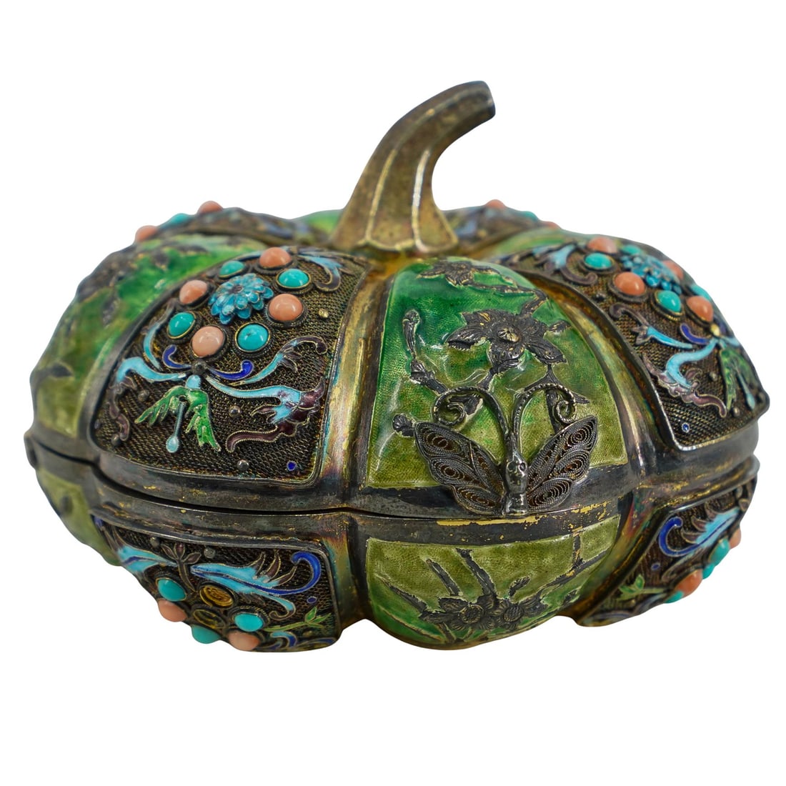 Chinese Sterling Silver Enameled Pumpkin Shaped Box (1 of 5)