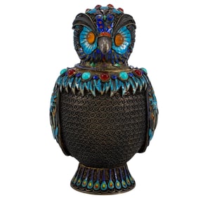 Chinese Sterling Silver Enameled Owl Shaped Box