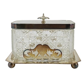Ex Christie's 19th Century English Silver Plated & Crystal Glass Biscuit Box
