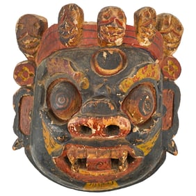 19th Century Tibetan Polychrome Wood Carved Mask