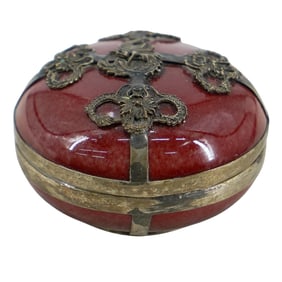 Antique Chinese Silver Overlaid Porcelain Oxblood Box