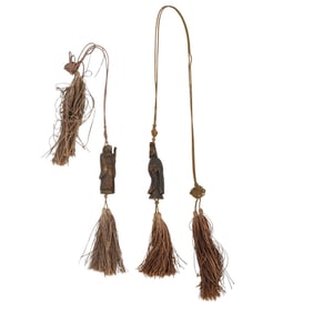 Pair of Antique Chinese Carved Lohan & Guanyin Silk Tassels