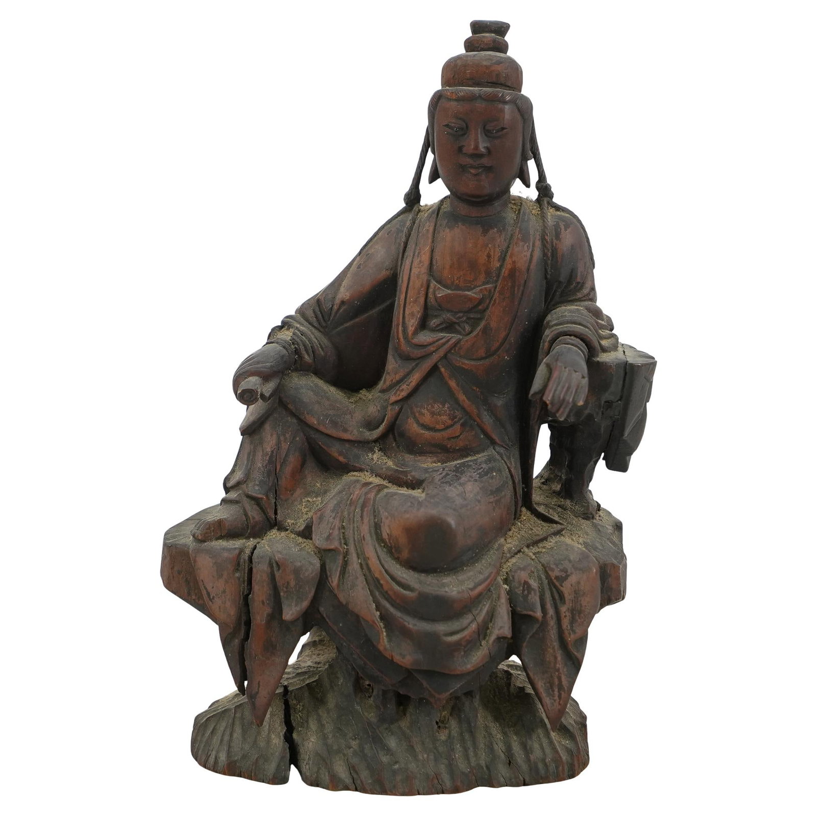 Antique Carved Wood Guanyin Figure: DESCRIPTION: Antique carved wood figurine, depicting Guanyin the Bodhisattva of Compassion in East Asian Buddhist traditions. In a seated posture, flowing robes, and serene expression. Stamped undersi