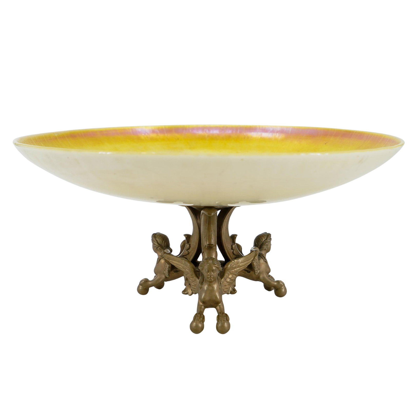 Antique Steuben Aurene Charger On Gilt Bronze Gryphon Base: DESCRIPTION: Antique Steuben aurene charger featuring a white iridescent underside attached to a gilt bronze base crafted as three gryphons, each clutching two spheres. CIRCA: Early 20th Century ORIGI