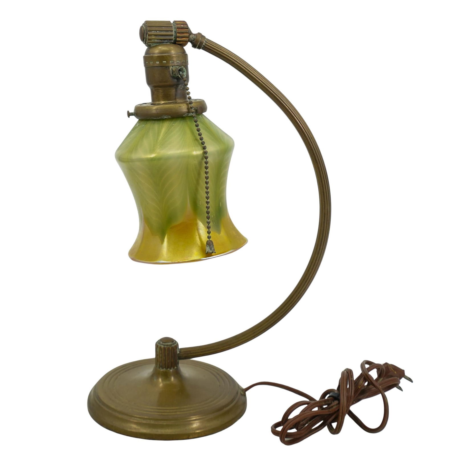Antique Quezal Green & Gold Pulled Feather Shaded Table Lamp (1 of 7)