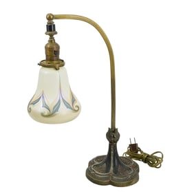 Antique Quezal Blue & Gold Pulled Feather Shaded Table Lamp