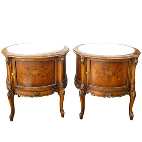 (2 Pc) French Wood Marquetry & Marble Side Tables