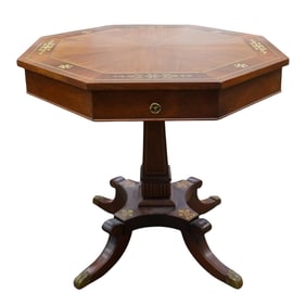 Octagonal Wooden Drum Table W/ Brass Inlaid Motifs