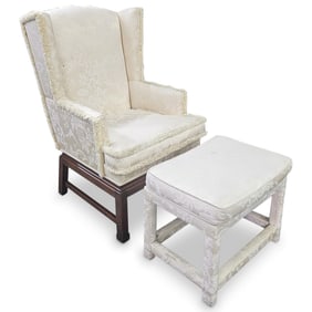 Chippendale Style Chinoiserie Silk Armchair & Ottoman