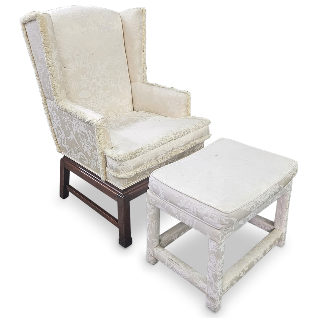 Chippendale Style Chinoiserie Silk Armchair & Ottoman (1 of 8)