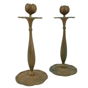 Pair Of French Art Nouveau Bronze Floral Candlesticks