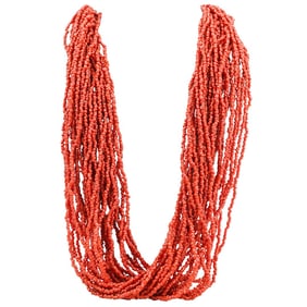 Large Multi Strand Coral Beaded Necklace W/ Malachite, Silver, Turquoise Fittings