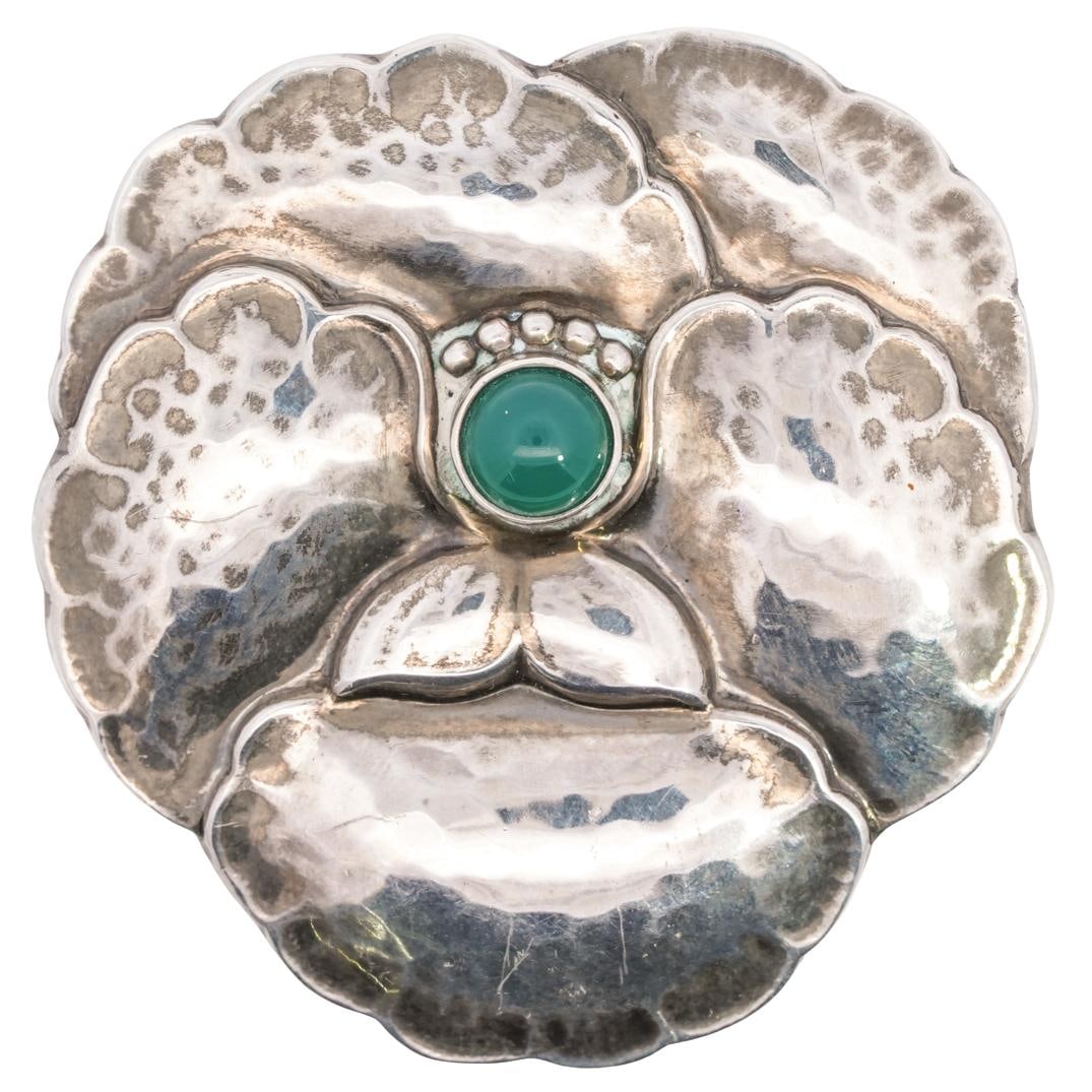 Georg Jensen Sterling Silver & Chrysoprase Flower Brooch (1 of 3)