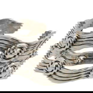 William Spratling Silver Cuff Bracelet: DESCRIPTION: William Spratling silver cuff bracelet, with layered flowing bands of silver and accented with circular dome like elements. Hallmarked "WILLIAM SPRATLING TAXCO MEXICO 925 T6-24" Total wei