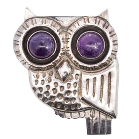 William Spratling Silver & Amethyst Owl Brooch
