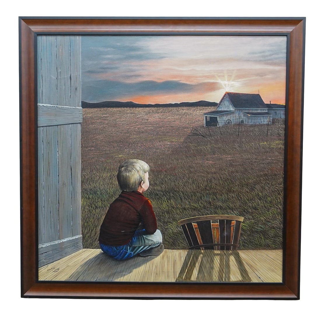 Thomas Kerry (American, B. 1930) Oil on Canvas Painting: DESCRIPTION: Thomas Kerry (American, B. 1930) oil on canvas painting, depicting a young blonde boy seated on the porch looking out to a barn in the distance as the sun sets. Signed bottom left "Thomas