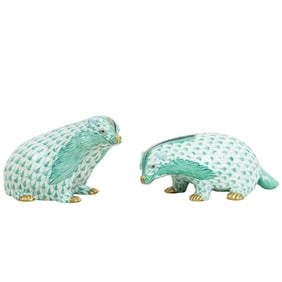(2 Pc) Herend Green Fishnet Badger Porcelain Figurines