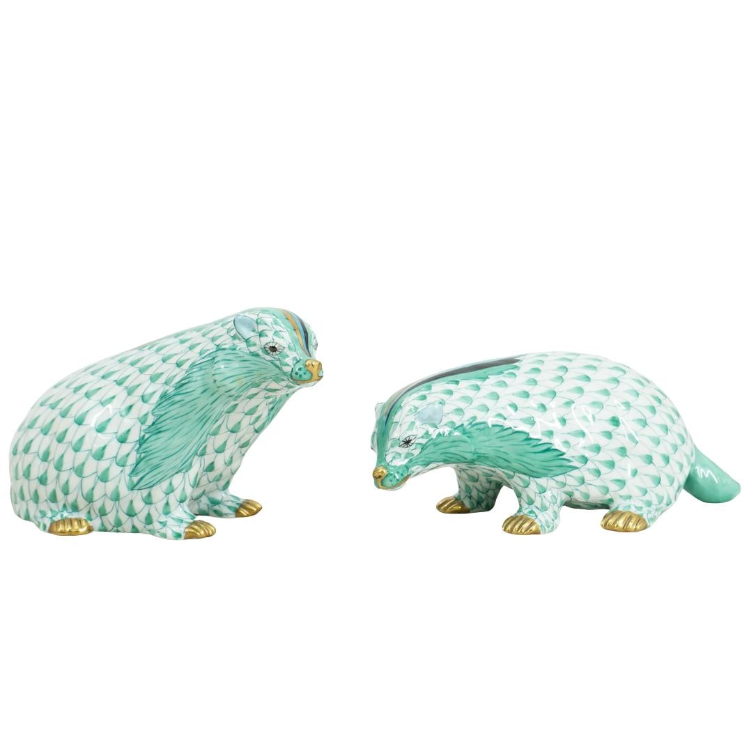 (2 Pc) Herend Green Fishnet Badger Porcelain Figurines (1 of 4)