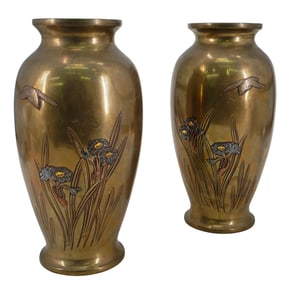 (2 Pc) Japanese Meiji Bronze Mixed Metal Silver Inlaid Vases