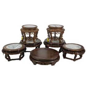 (7 Pc) Chinese Carved Wood And Marble Display Stands