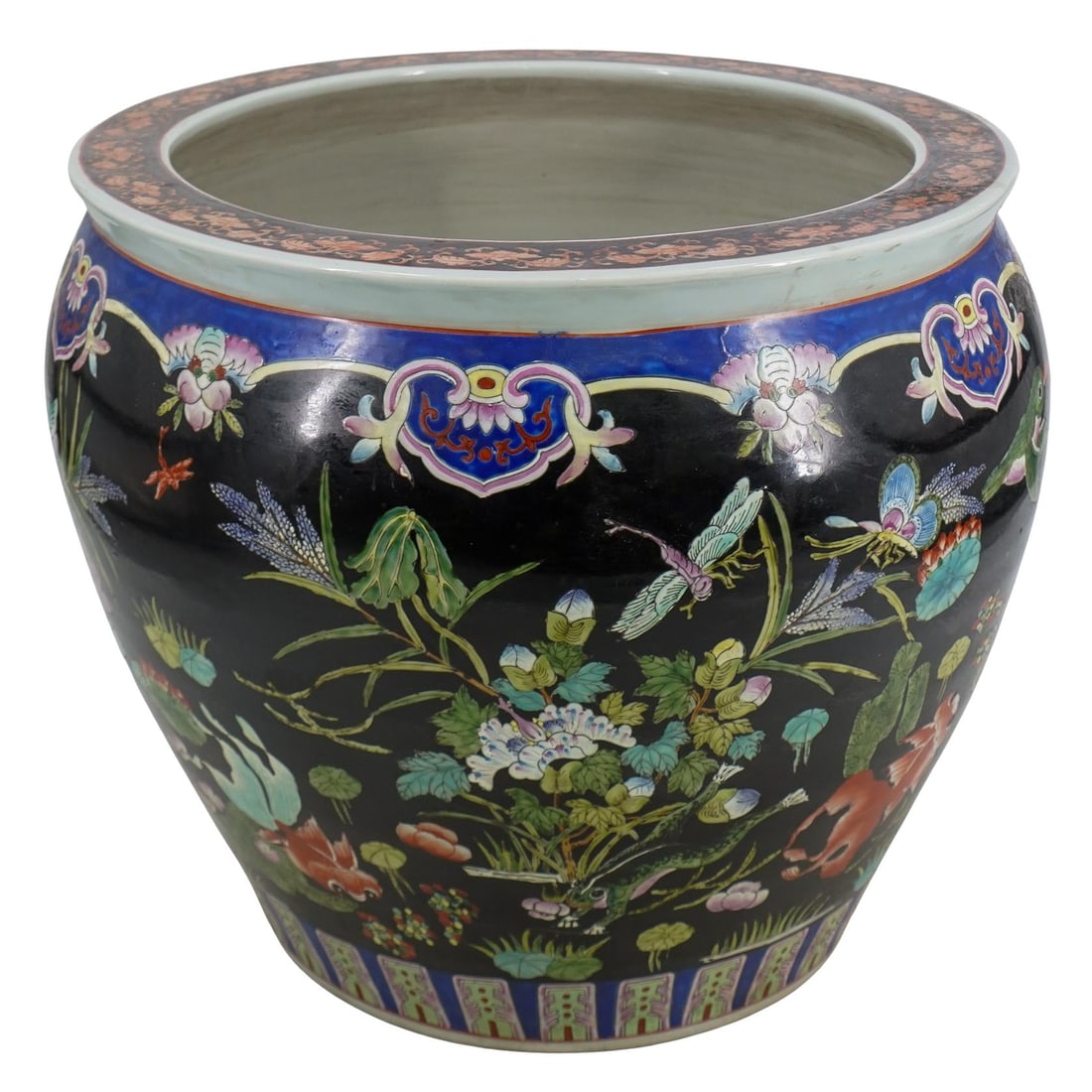 Antique Chinese Famille Noir Porcelain Fish Bowl Planter: DESCRIPTION: Antique famille noir porcelain fish bowl planter featuring a continuous pond scene around its exterior and sporting goldfish and aquatic plant motifs throughout its interior. CIRCA: Late 