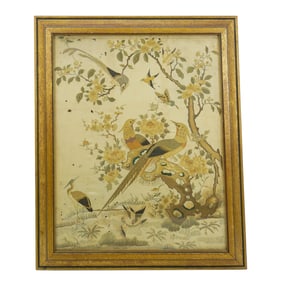 Antique Chinese Embroidered Garden Bird Scene