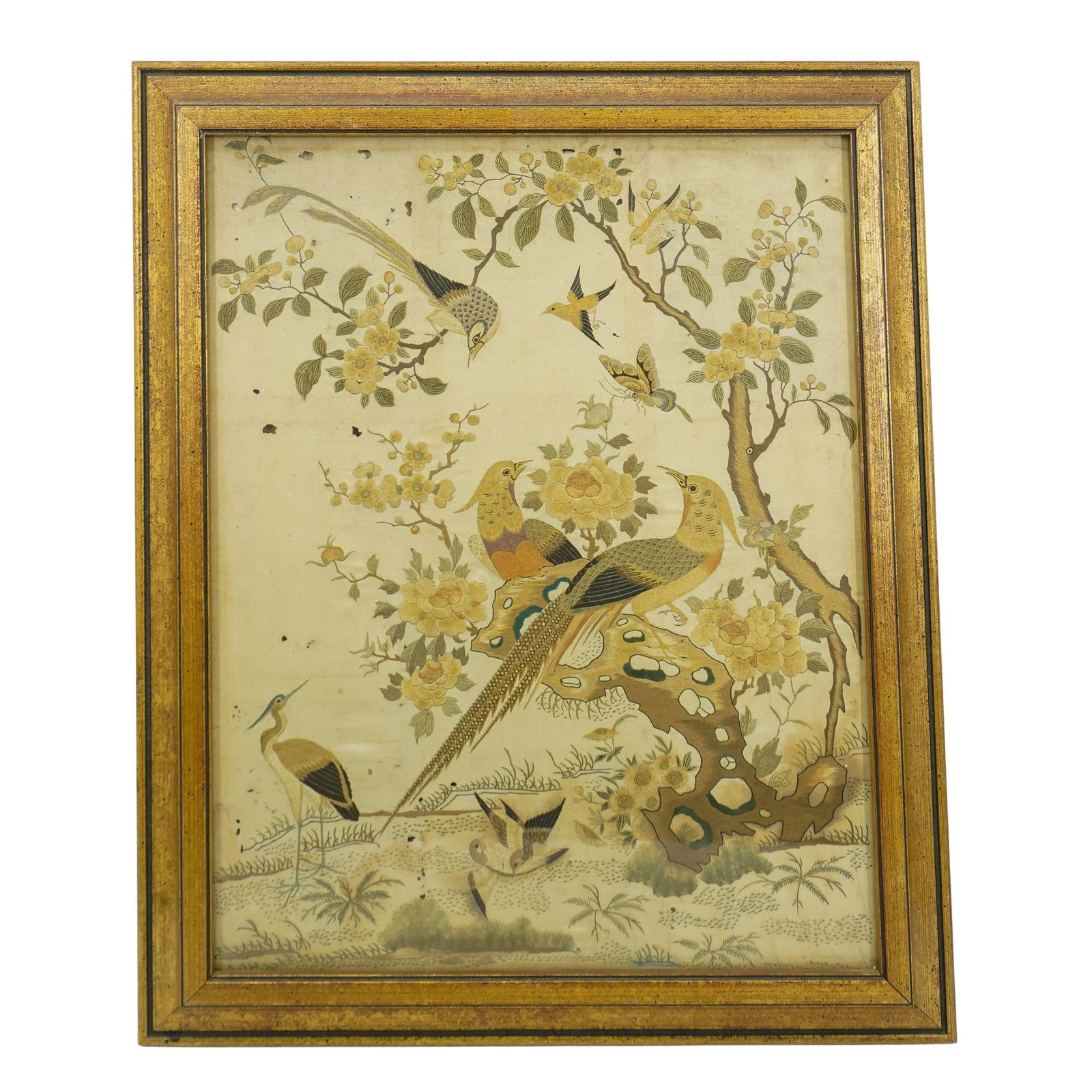 Antique Chinese Embroidered Garden Bird Scene (1 of 5)