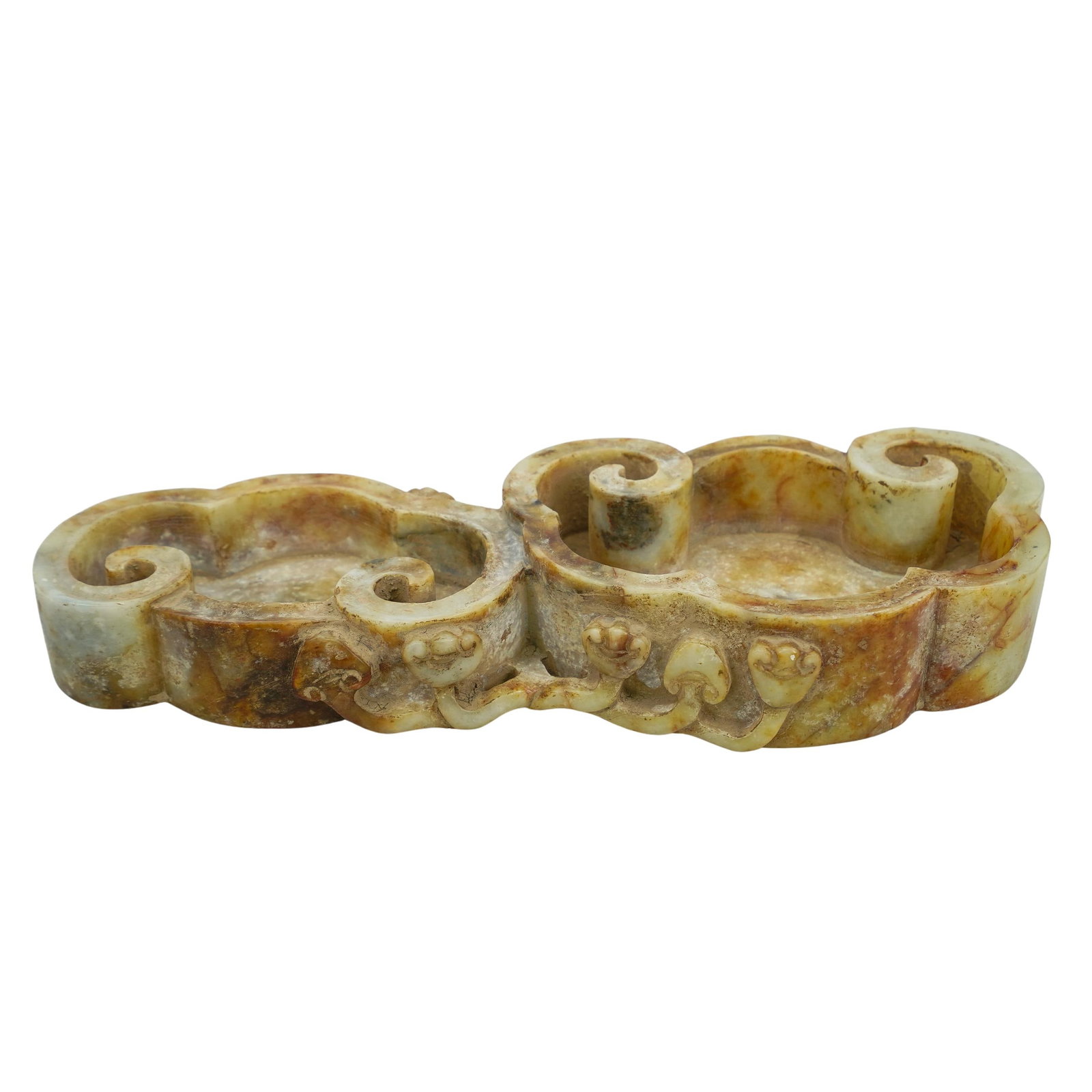 Antique Chinese Jade Lingzhi Double Brush Pot: DESCRIPTION: Antique soapstone double brush pot crafted as two opposite pointing lingzhi ("ganoderma mushroom(s)") out of which are growing several smaller mushrooms. CIRCA: 19th Century ORIGIN: China