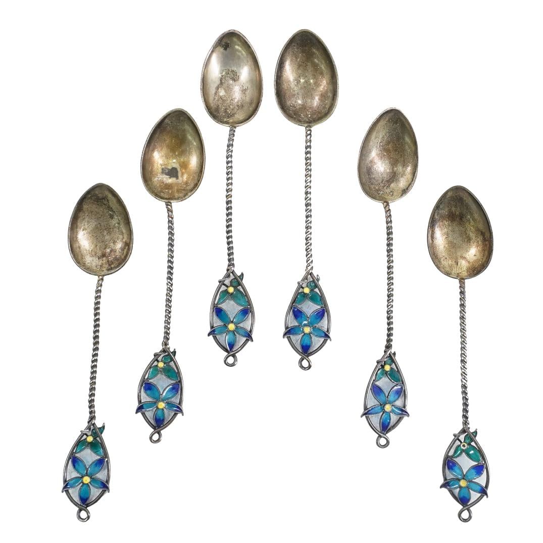 (6 Pc) Silver & Plique a Jour Floral Spoons (1 of 6)