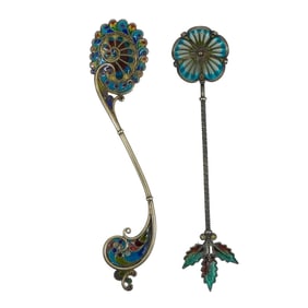 (2 Pc) Sterling Silver & Plique a Jour Spoons