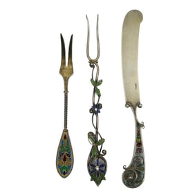(3 Pc) Sterling Silver & Plique a Jour Forks & Knife