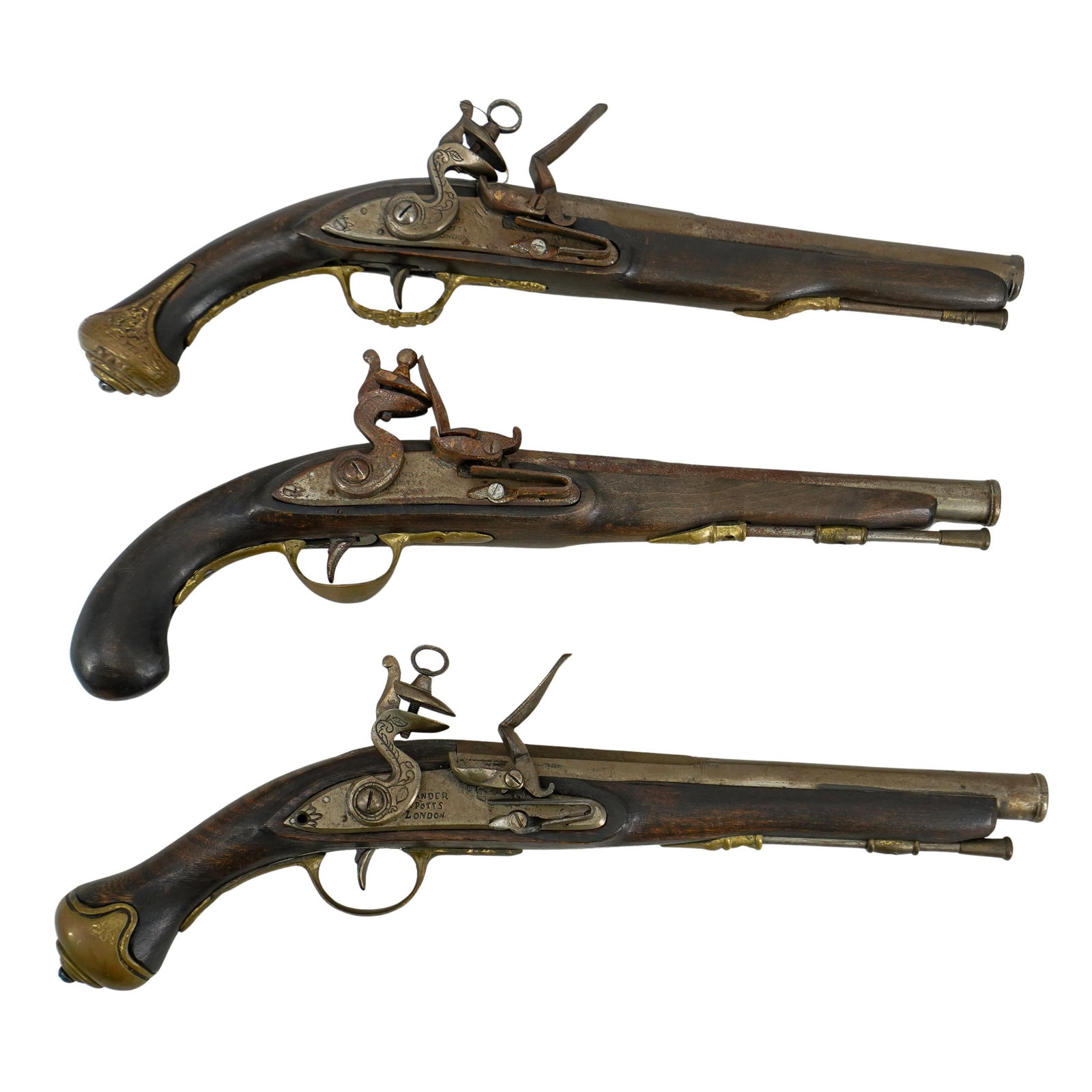 (3 Pc) 19th Century Flintlock Pistol Replicas: DESCRIPTION: Group of 3 19th century flintlock pistol replicas, featuring wooden stocks, brass accents and trigger guards, and engraved hammer. Engraved "RANDER & POTTS LONDON" CIRCA: ORIGIN: England 